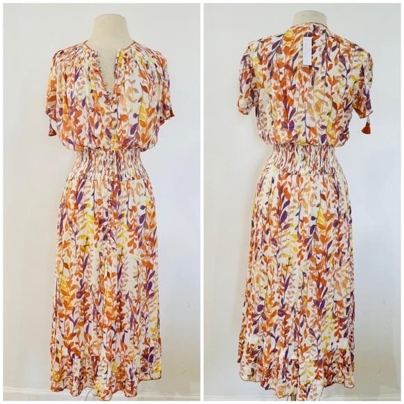 Poupette St Barth short sleeve floral multi button front midi dress NEW - Picture 1 of 13